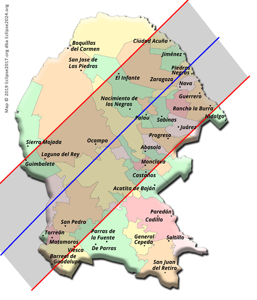 The 2024 total eclipse path through Coahuila