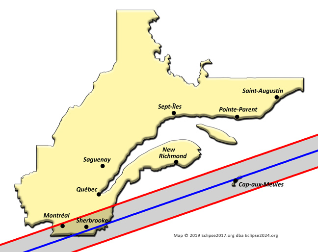 The 2024 eclipse path through Quebec