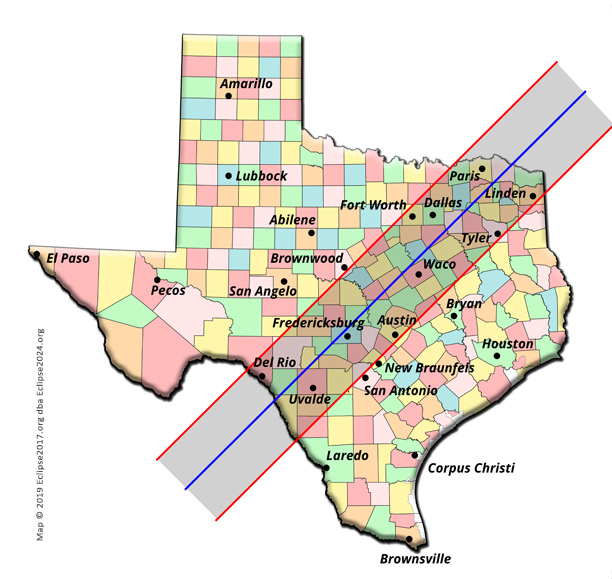 The 2024 eclipse path through Texas