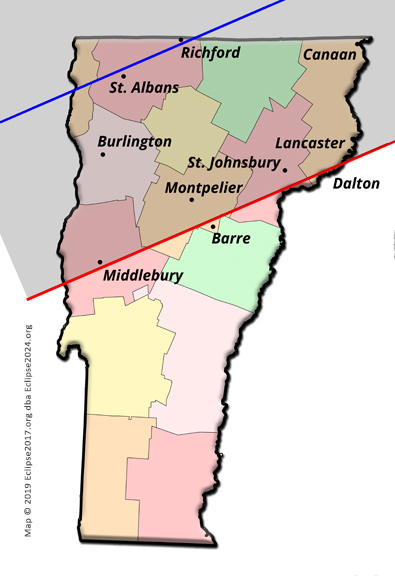 The 2024 total eclipse path through Vermont