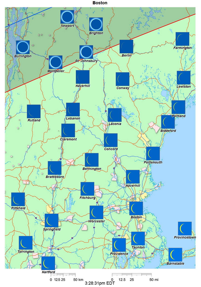 Mapa interactivo del eclipse de 2024 de Boston