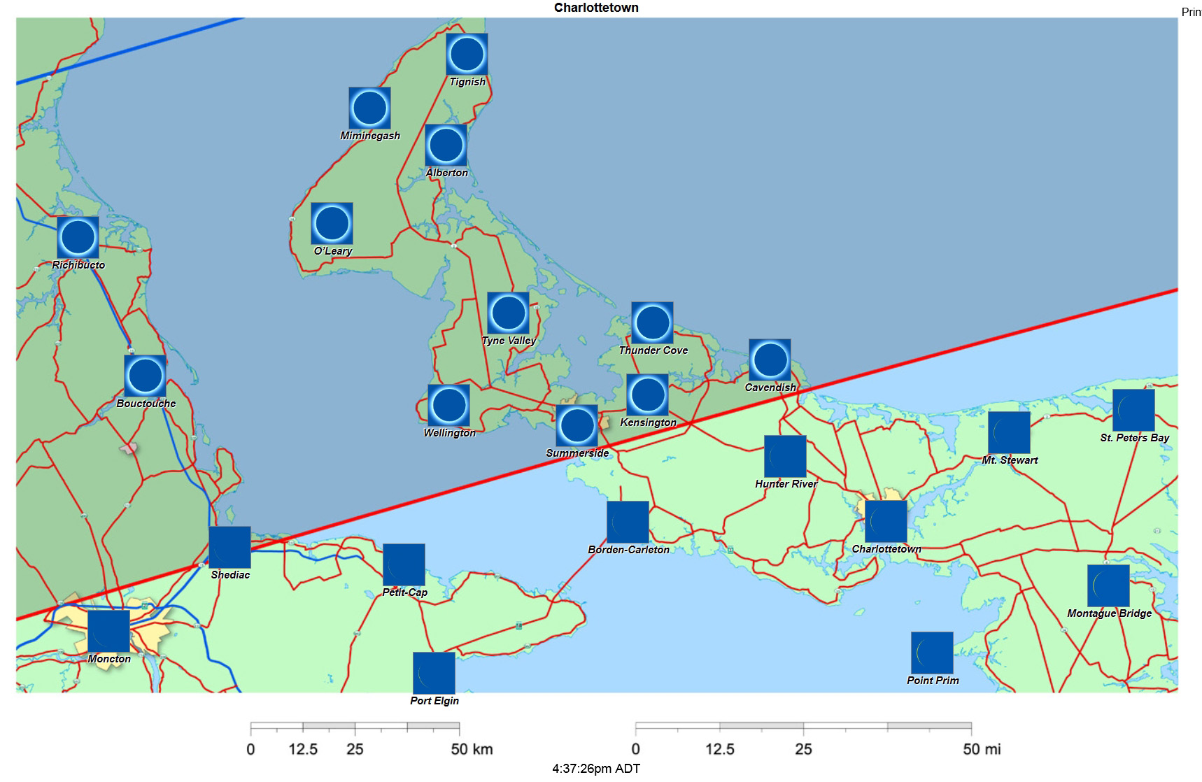 Mapa interactivo del eclipse de 2024 de Charlottetown