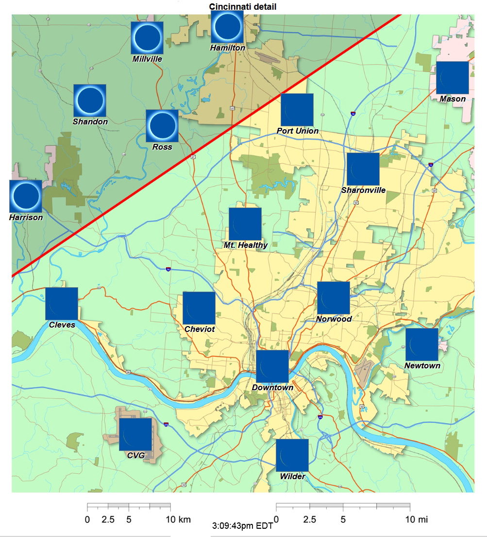 Mapa interactivo detallado del eclipse de 2024 de Cincinnati