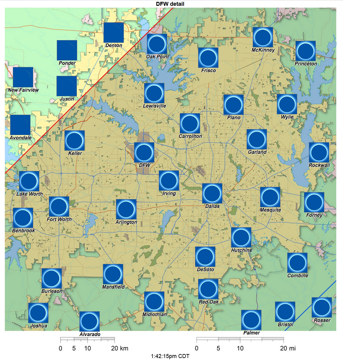 Detailed Interactive 2024 eclipse map for Dallas-Fort Worth