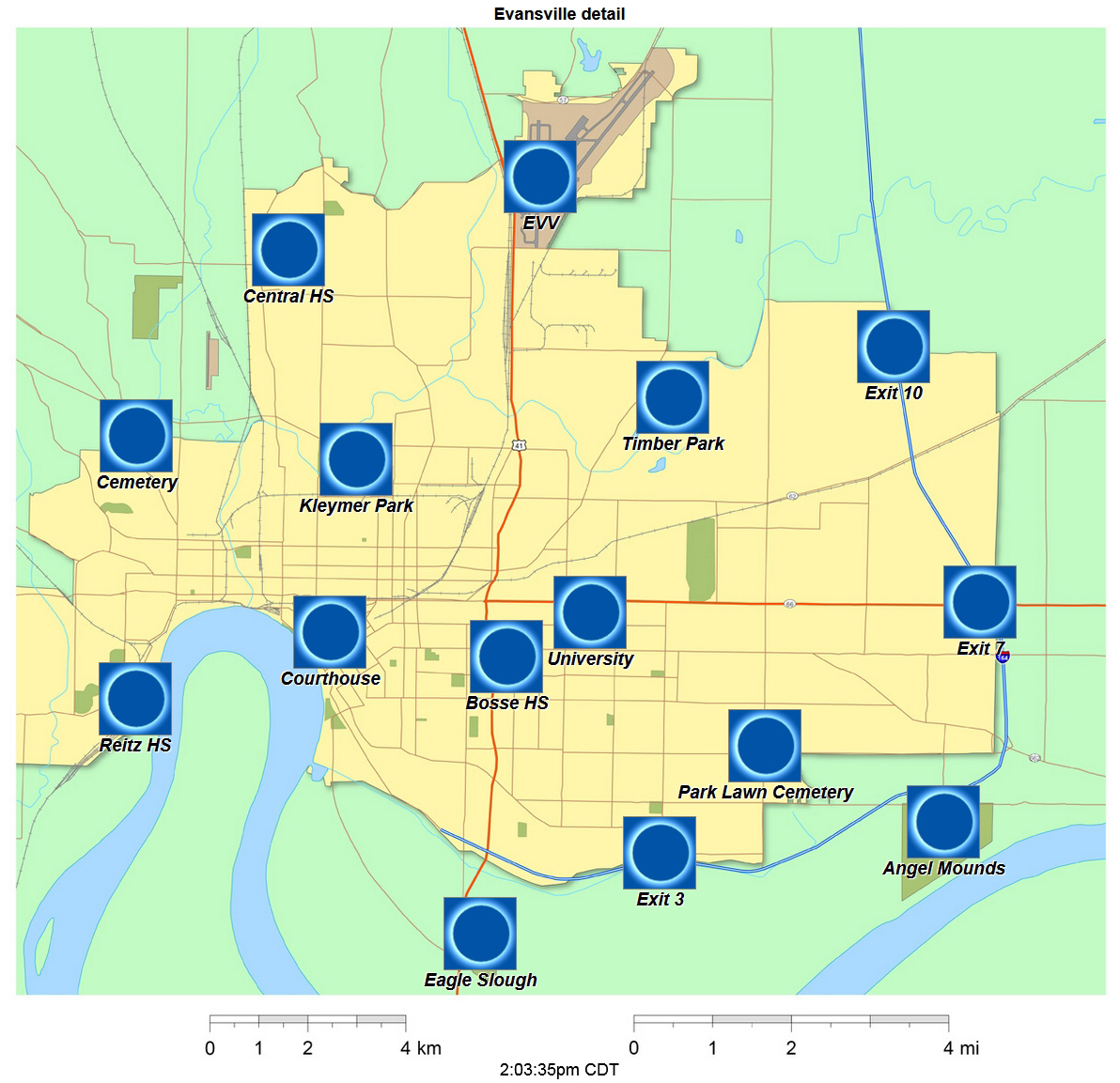 Detailed Interactive 2024 eclipse map for Evansville