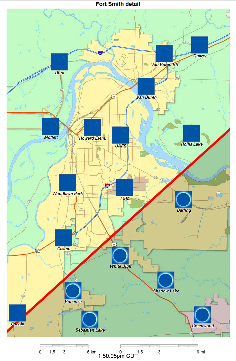 Mapa interactivo detallado del eclipse de 2024 de Fort Smith