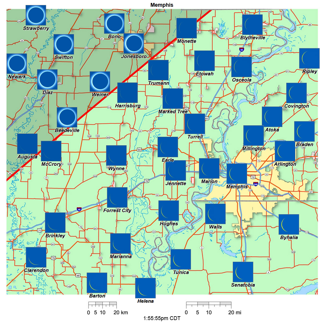 Mapa interactivo del eclipse de 2024 de Memphis