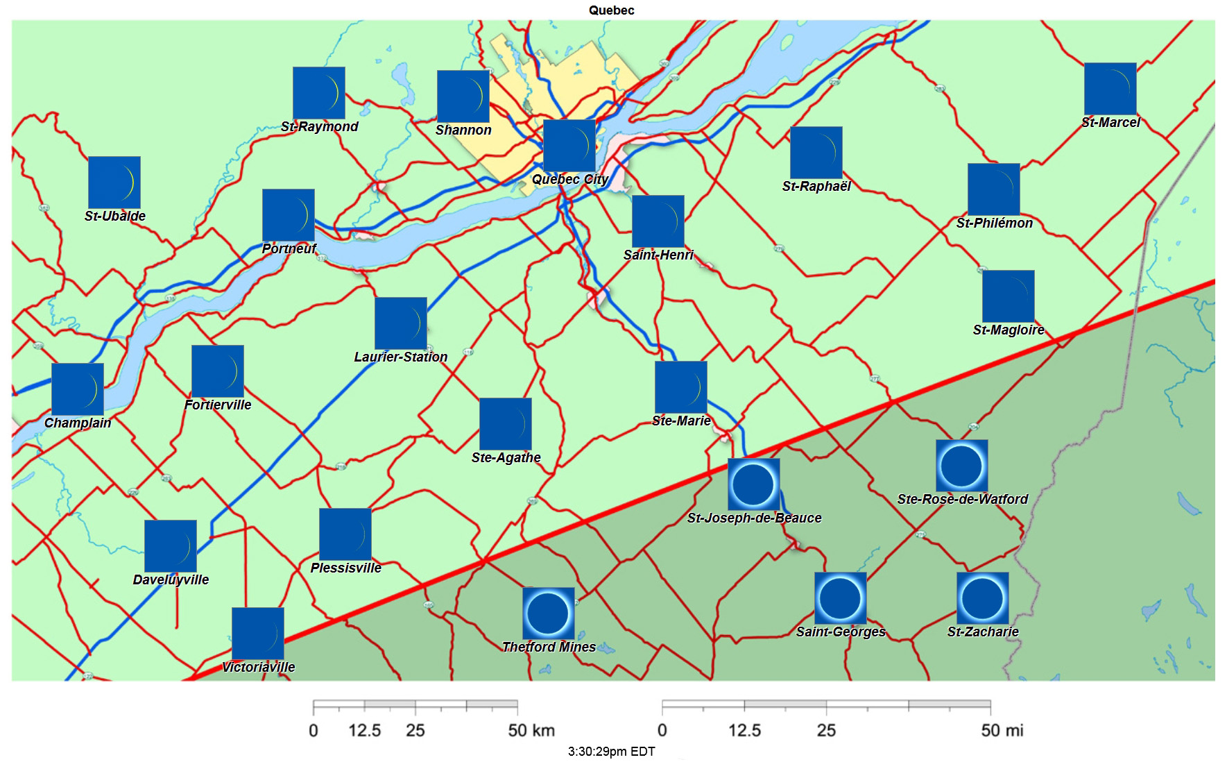Carte interactive d'éclipse de 2024 pour la Ville de Québec
