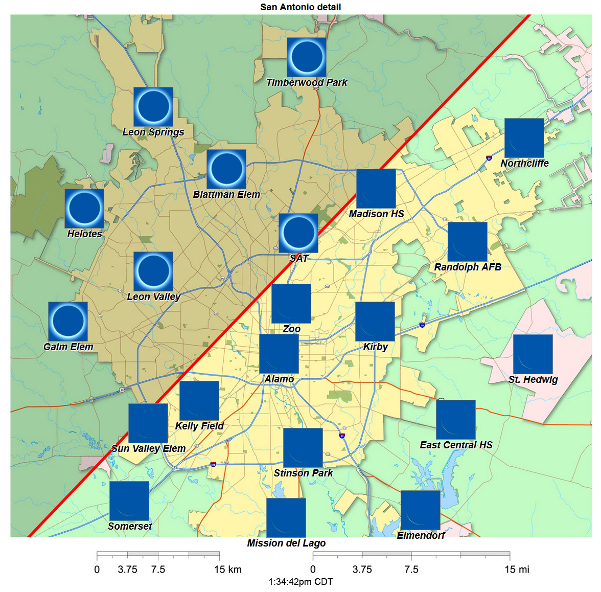 Detailed Interactive 2024 eclipse map for San Antonio