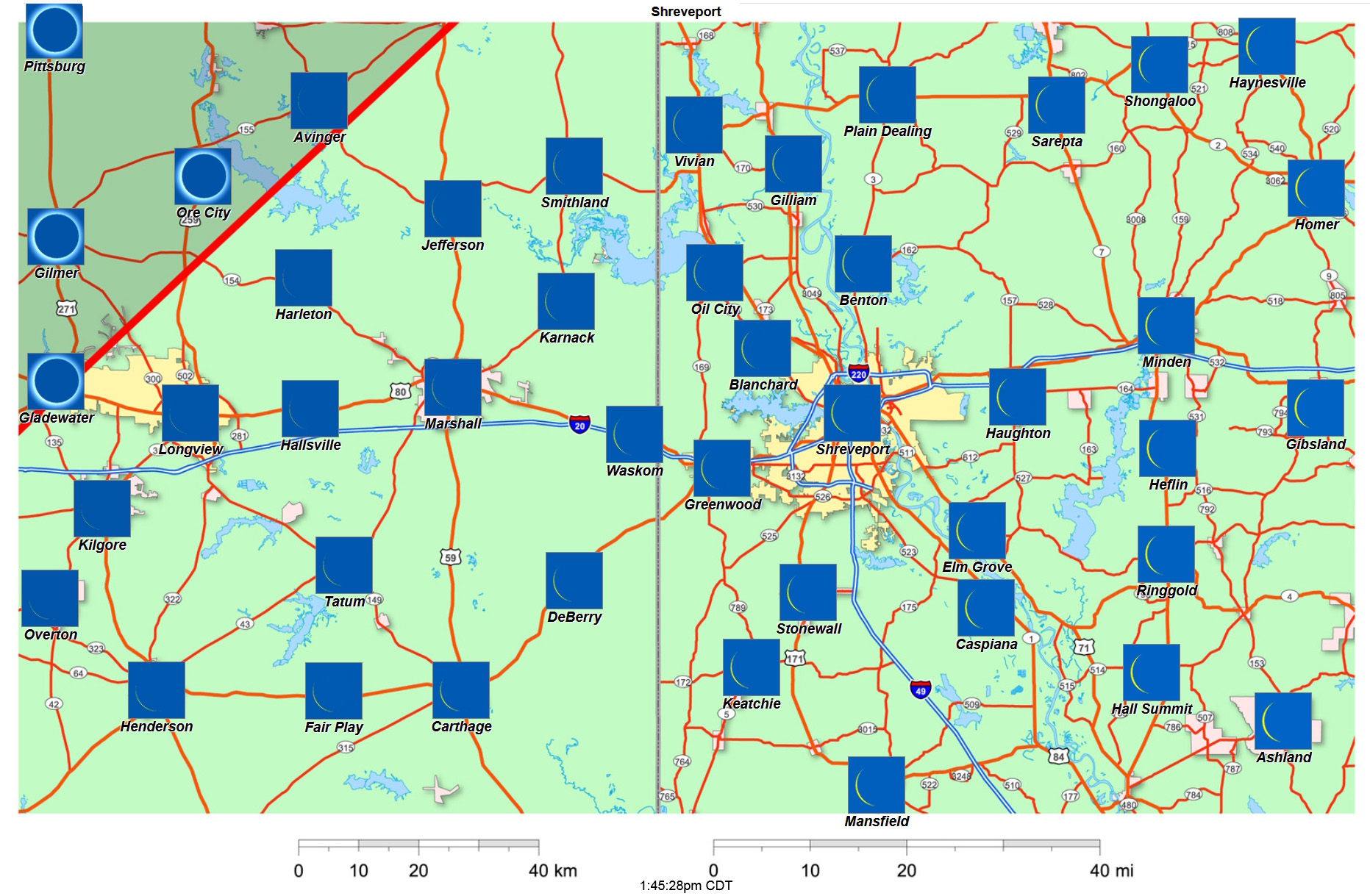 Mapa interactivo del eclipse de 2024 de Shreveport