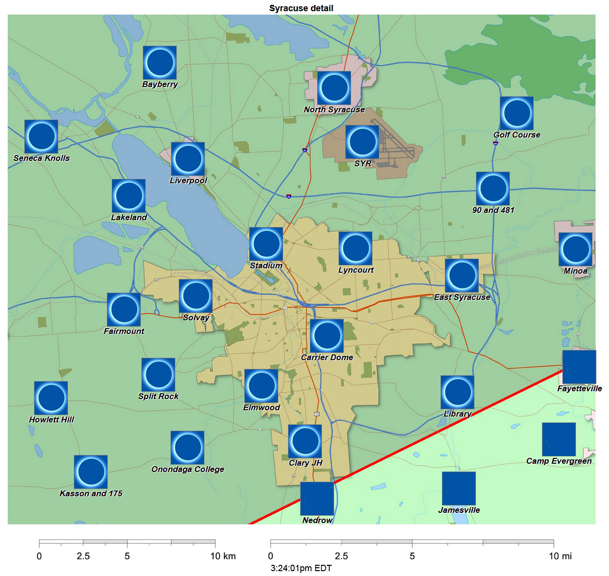 Mapa interactivo detallado del eclipse de 2024 de Syracuse