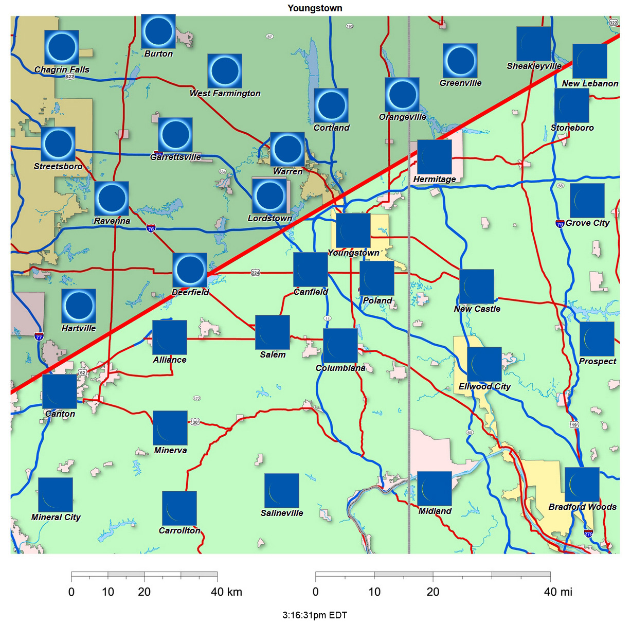 Mapa interactivo del eclipse de 2024 de Youngstown